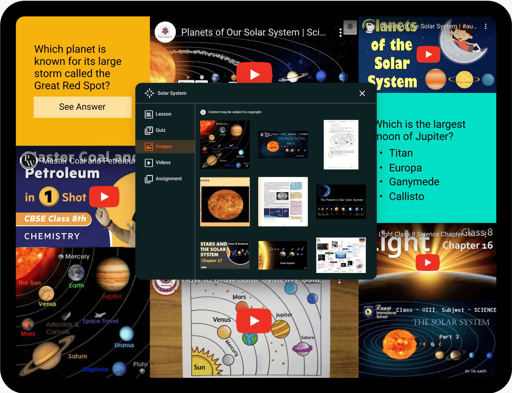 A smart screen with different videos of solar systems 